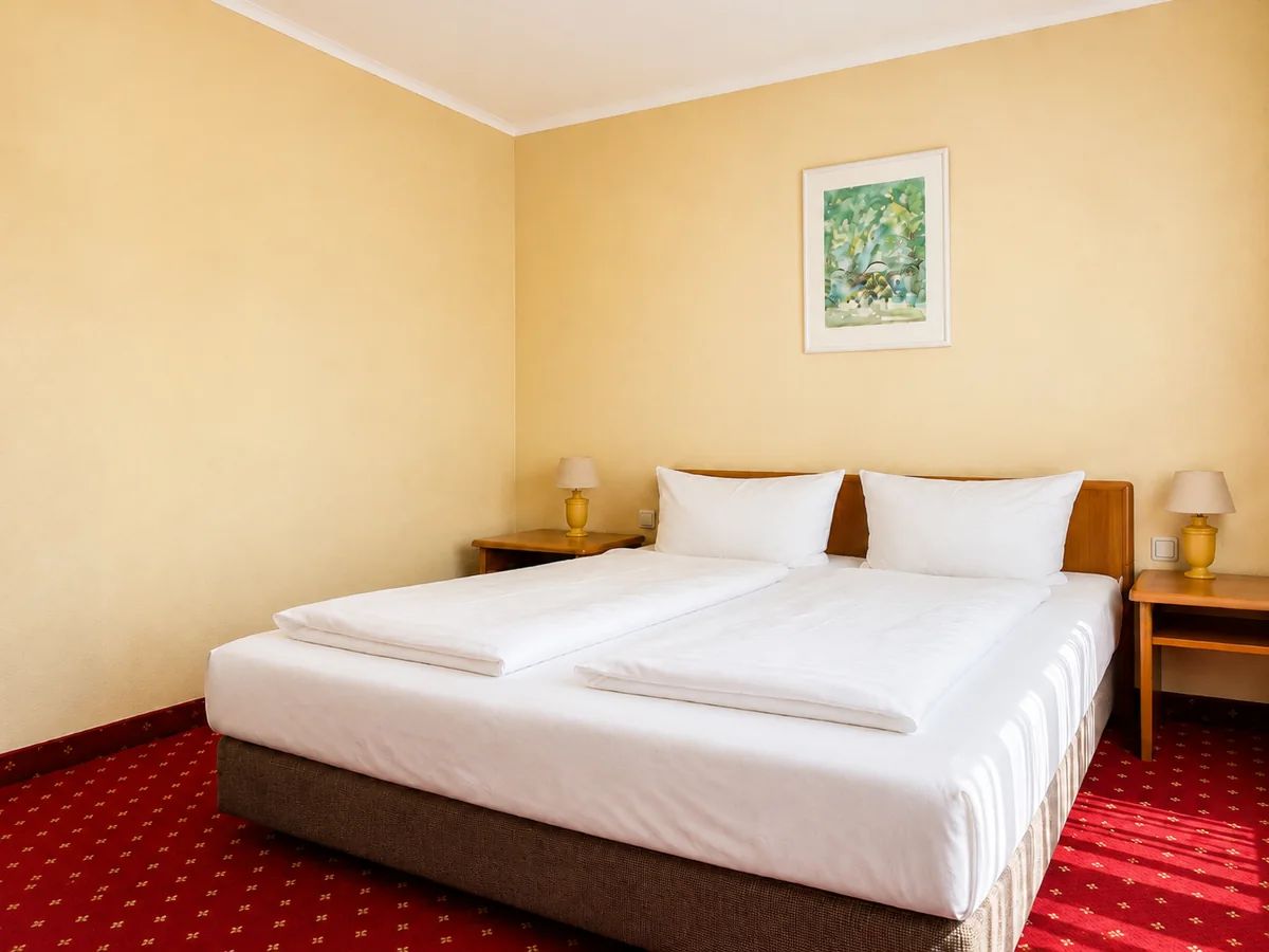 Helles Standard-Doppelzimmer im Hotel Rosenstadt mit zwei nebeneinanderstehenden Betten und Nachttischen